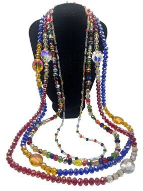 Lot Of 4 Multi-Color Glass Bead Stretch Necklaces 36" 30" Boho Layer Festival